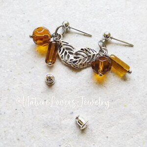 Whiskey Cognac Colored Beaded Leaf Earrings - Lightweight Cluster Earrings